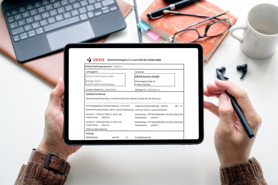 Hände, die ein Tablet halten, auf dem das Abnahmeprüfzeugnis 3.1 von DEXIS zu erkennen ist